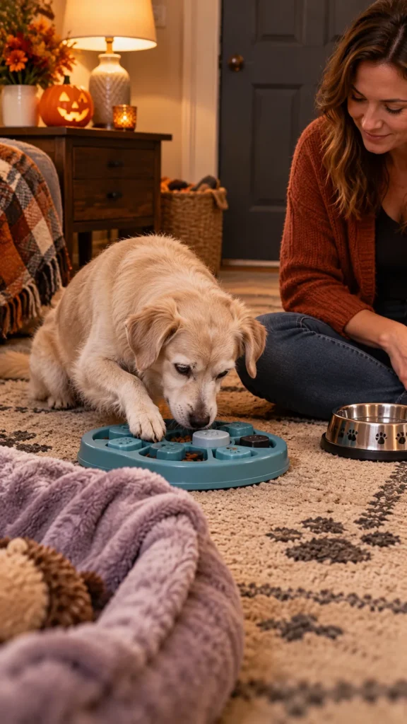 Small cream dog exploring a puzzle feeder under owner supervision in a cozy room during Halloween