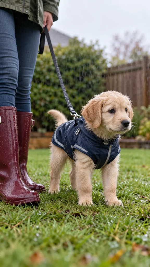 Close view of a cream puppy in a navy raincoat standing on damp lawn near its owner 