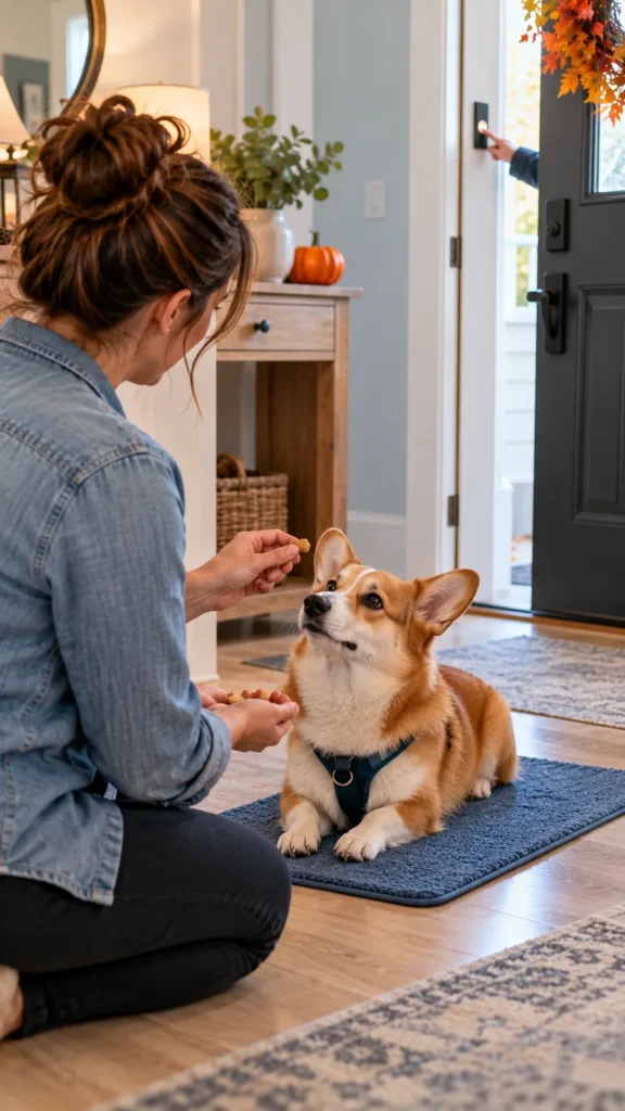 Corgi lying calmly on a training mat while a woman gives a reward during doorbell practice