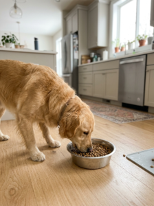 Dog eating dry food from a bowl during a daily feeding routine.