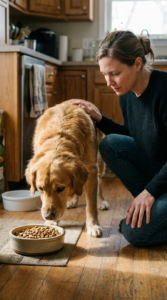 Dog sniffing dry kibble beside a food bowl while its owner checks for signs of discomfort.