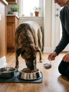 Dog eating measured kibble from a bowl during a daily feeding routine.