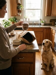 Owner measuring a dog's daily food portion with a cup