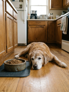 Senior dog eating dry kibble from a food bowl.