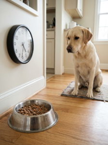 Wet dog food in a bowl beside a kitchen clock to illustrate safe serving time.