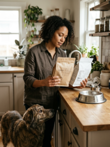 Dog owner comparing current and new dog food before a sensitive stomach transition