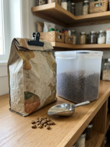 Original dog food bag beside an airtight storage container.