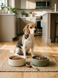 Small portion of new dog food mixed with the dog's usual kibble.