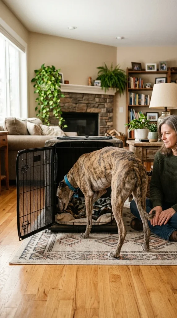 adult-rescue-dog-sniffing-open-crate