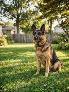 Healthy German Shepherd relaxing on grass outdoors