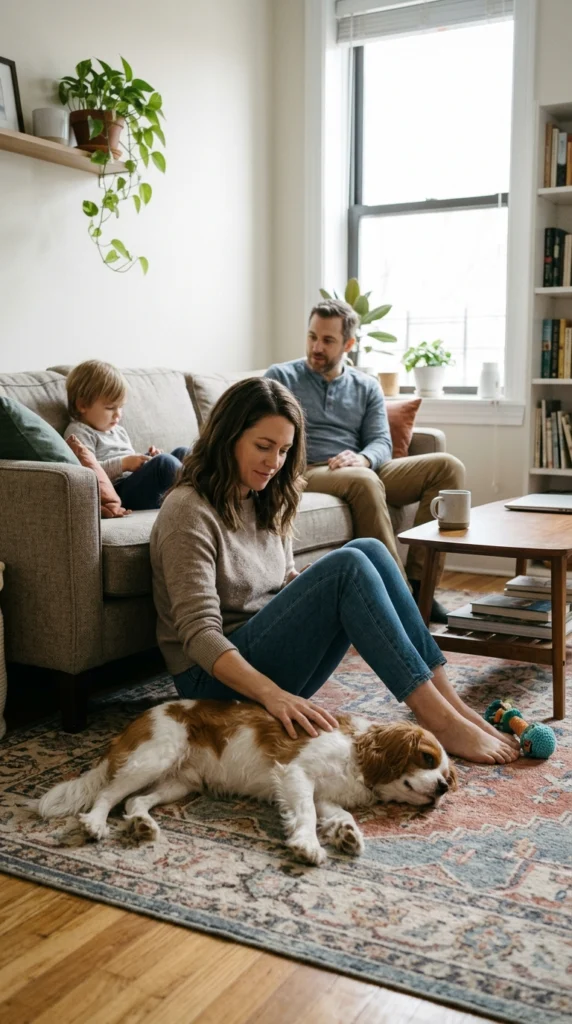A healthy family dog relaxing comfortably near an adult and family members in a realistic