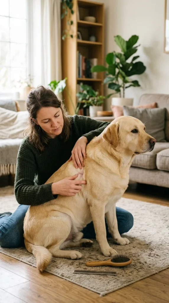 Owner checking a Labrador's coat and skin while brushing at home