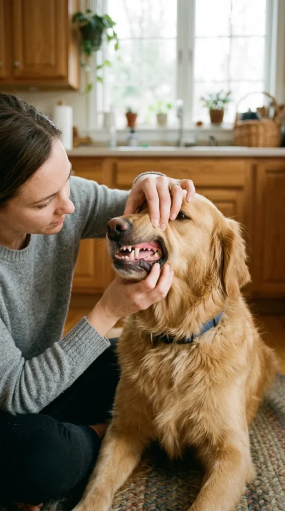 Owner gently lifting a Golden Retriever's lip to check its gums for dryness