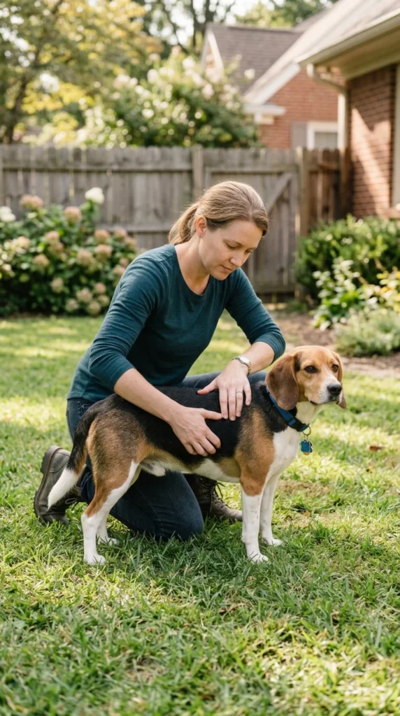 Owner feeling a Beagle's ribs to check its body condition at home