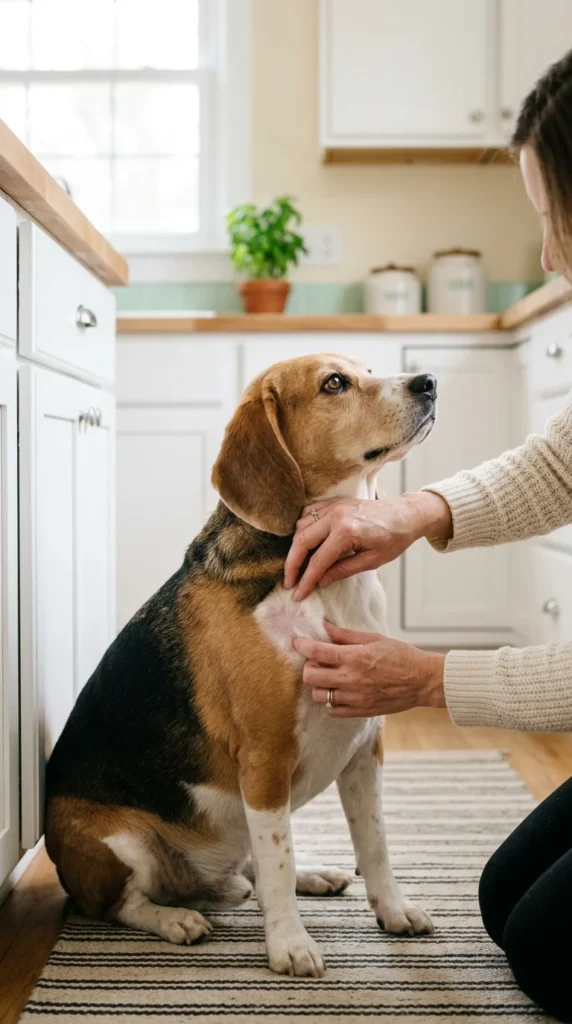 Owner gently parting a beagle's fur to check the skin for redness