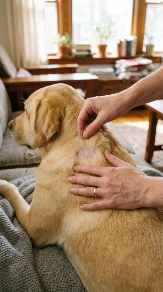 Owner parting a Labrador's fur to check for dry, flaky skin