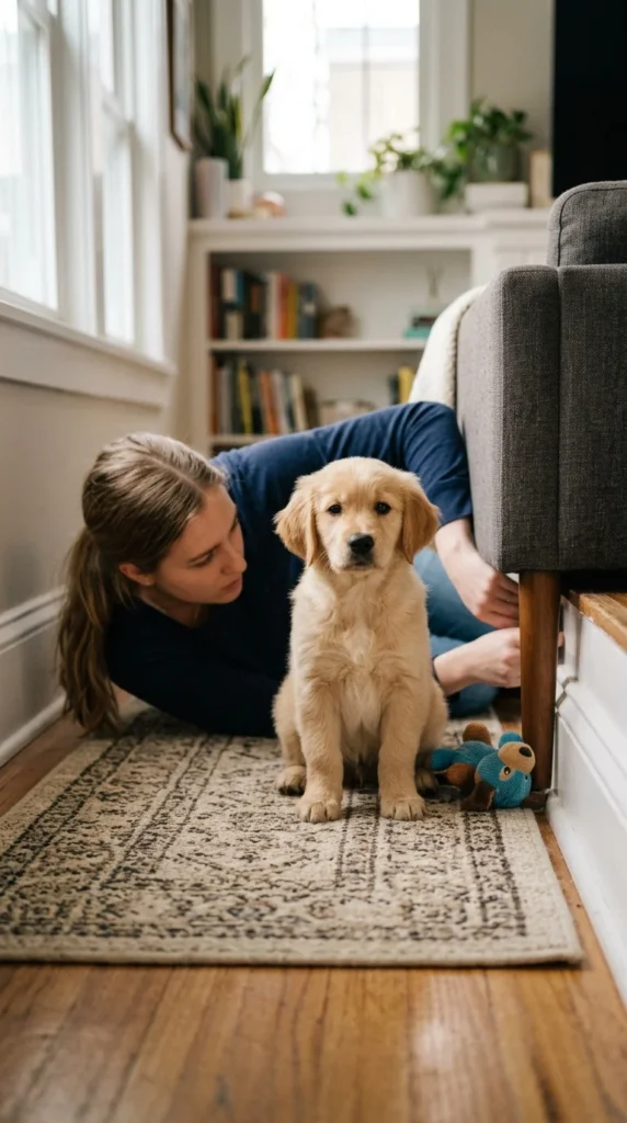 Owner inspecting a living room from the floor to spot puppy hazards