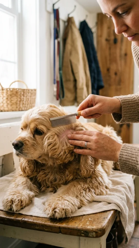 Owner using a flea comb to check a Cocker Spaniel's coat