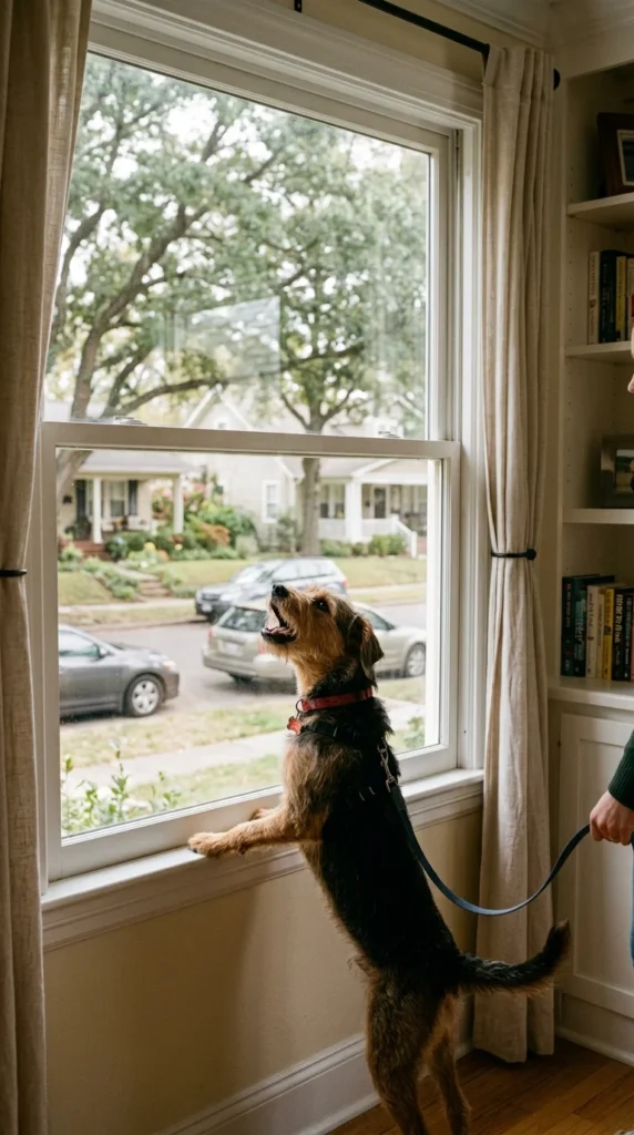 Dog barking at a living-room window while its owner stands nearby