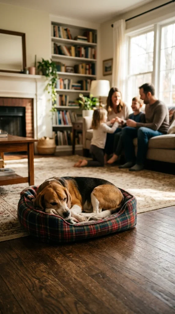 Quiet beagle resting alone on a dog bed at home