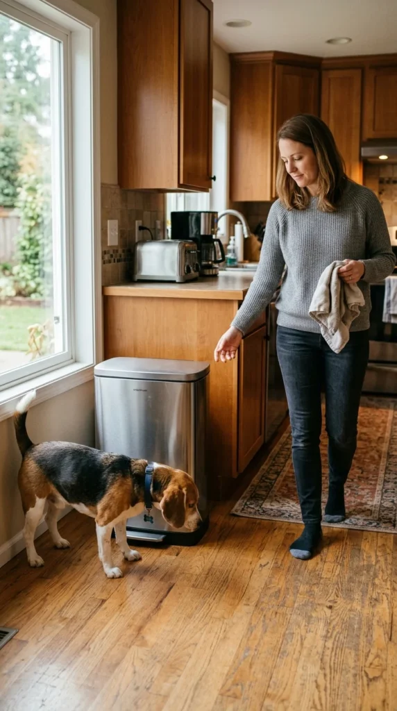 Beagle sniffing a kitchen trash can while the owner steps in to redirect it