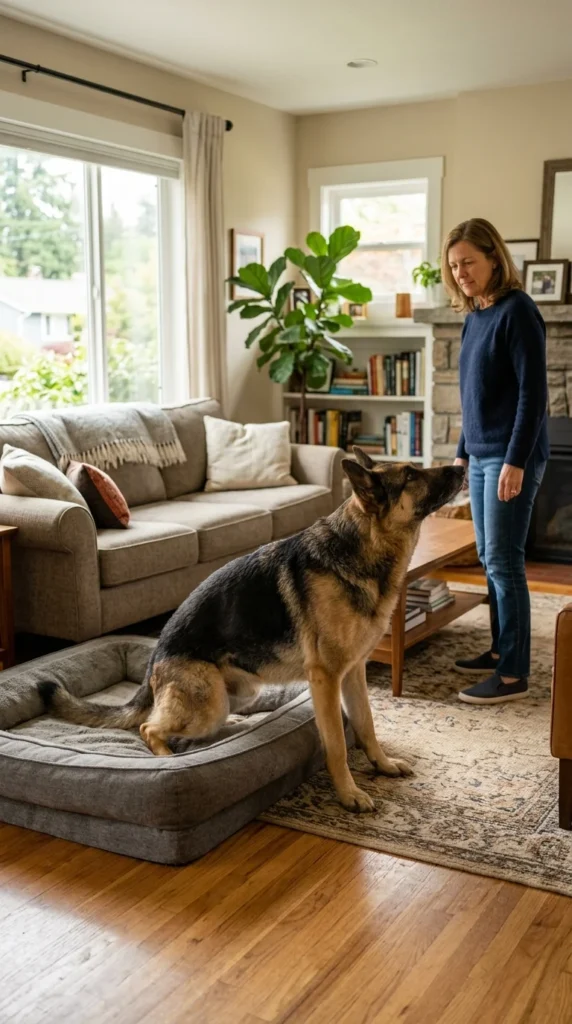 German Shepherd rising slowly and stiffly from its bed