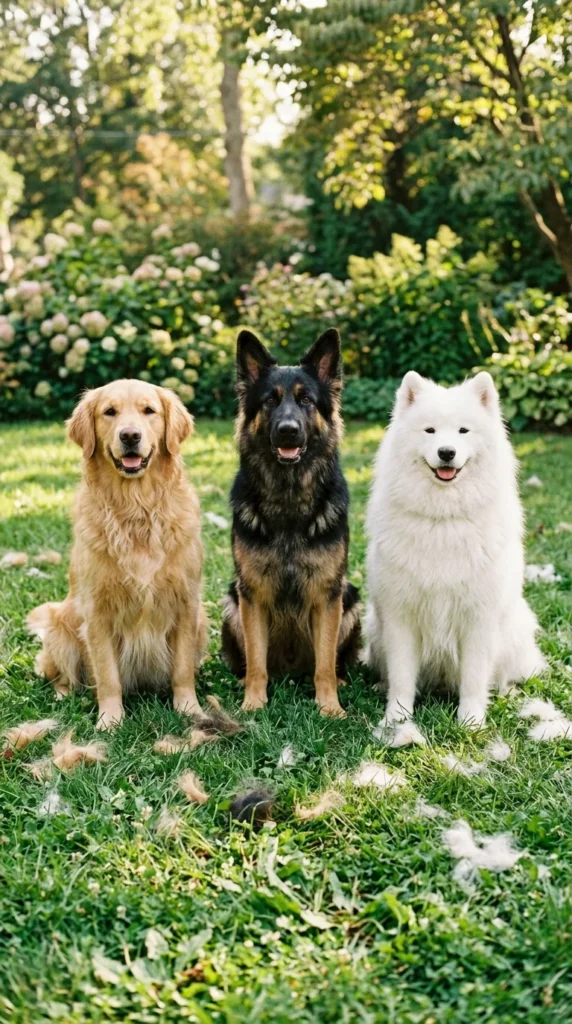 Golden Retriever, German Shepherd, and Samoyed sitting on a lawn
