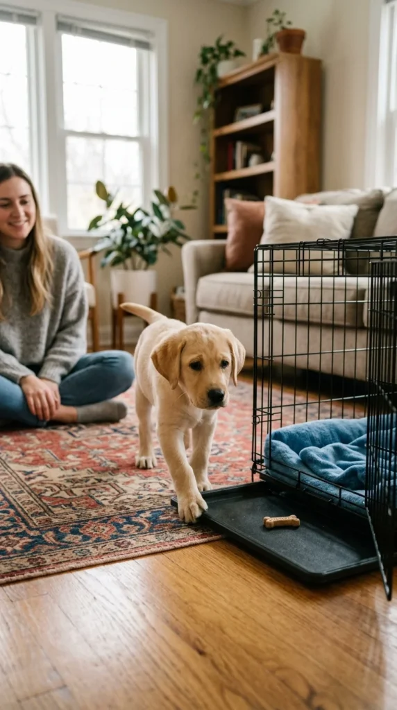 Owner tossing a treat into an open crate for a curious puppy