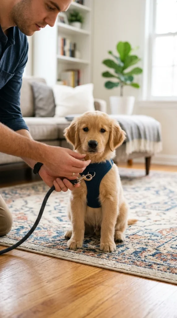Owner clipping a leash onto a puppy's harness while offering a treat