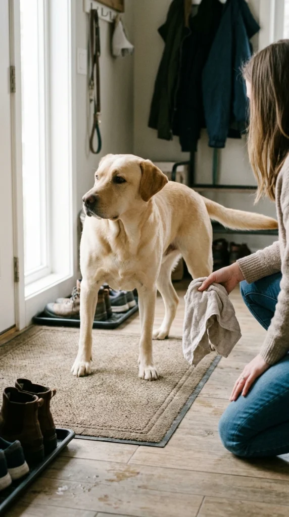 Labrador Retriever calmly turning away from a towel while its owner pauses during paw cleaning near the front door.