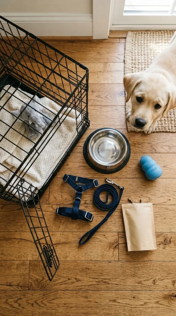 New puppy supplies including crate, bowl, leash, and toys arranged on a floor