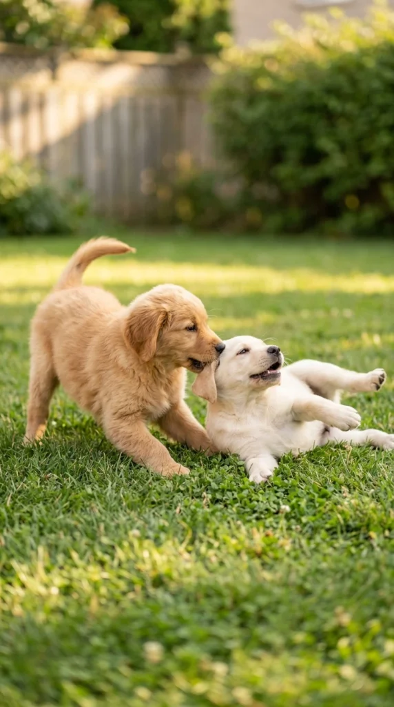 Two puppies playing together on a lawn