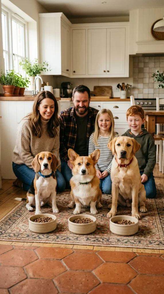 Three puppies waiting for mealtime in a family kitchen