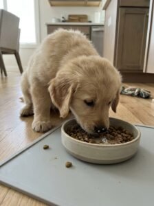 Dogs of different ages eating meals during a daily feeding routine.