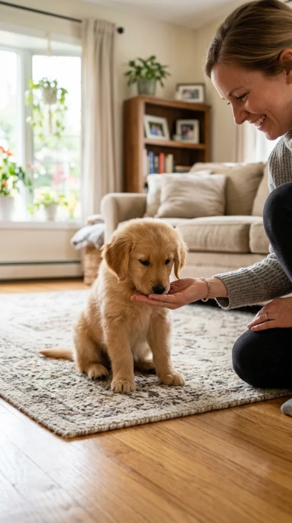 Puppy sniffing a visitor's hand during a calm introduction at home