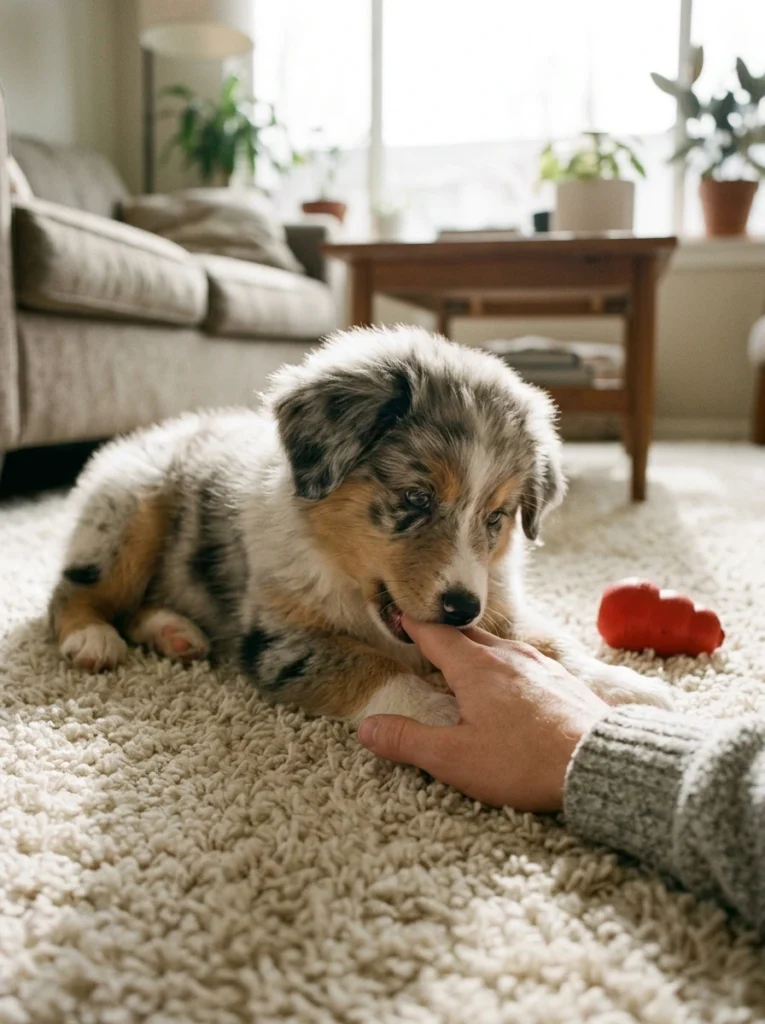 Australian shepherd puppy gently mouthing an owner’s fingers during play