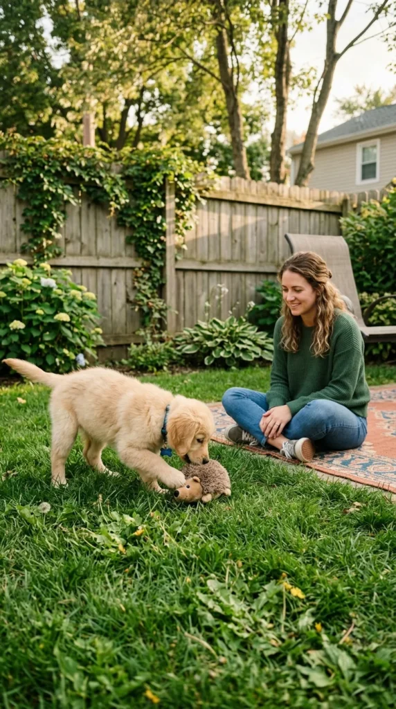 Golden Retriever puppy playing gently on grass in a fenced backyard