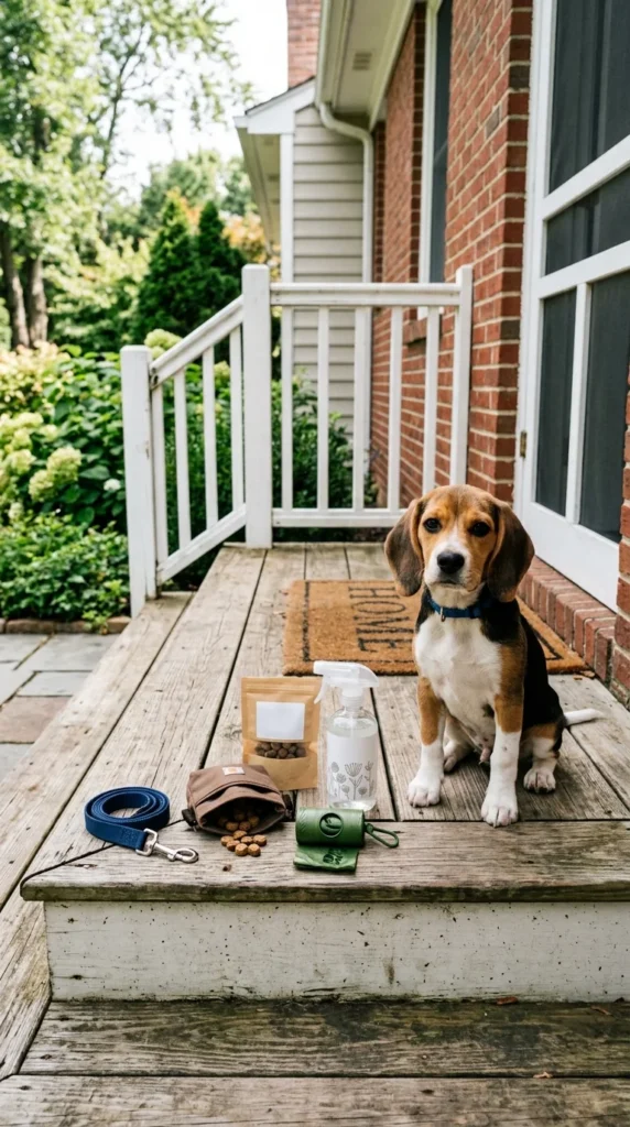 Leash, treats, waste bags, and cleaner laid out for puppy potty training
