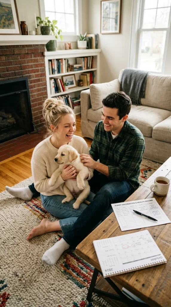 New puppy owners reviewing a vaccination calendar at home with their puppy