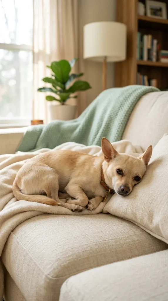 Small dog resting calmly on a sofa at home