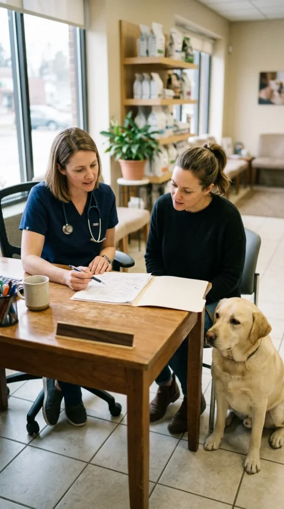 Veterinarian reviewing vaccine options with a dog owner