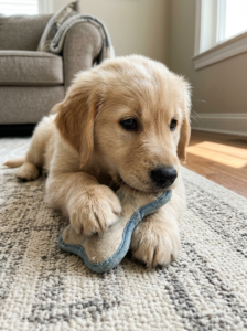 Young puppy gently chewing a suitable puppy toy