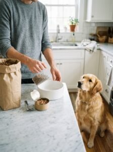 Measuring wet and dry dog food portions before feeding