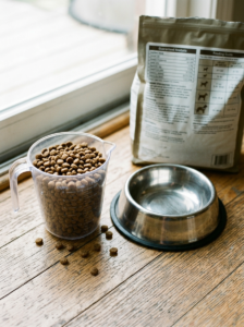 Measuring dry dog food beside a bowl to manage meal portions.