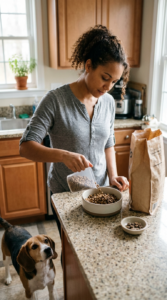 Dog owner measuring kibble and organizing small training treats for a balanced feeding routine.