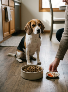 Dog beside a balanced bowl of kibble with a small food topper.