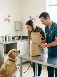 Dog owner checking feeding instructions on a dog food package