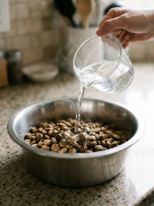 Warm water being added to dry dog kibble in a bowl.