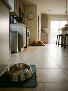 Wet dog food in a bowl beside a kitchen clock to illustrate safe serving time.
