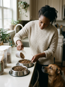 Measured portions of old and new dog food during a gradual diet transition